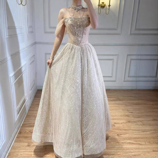 Luxury Beige Crystal Beaded A Line Evening Dress LA73506
