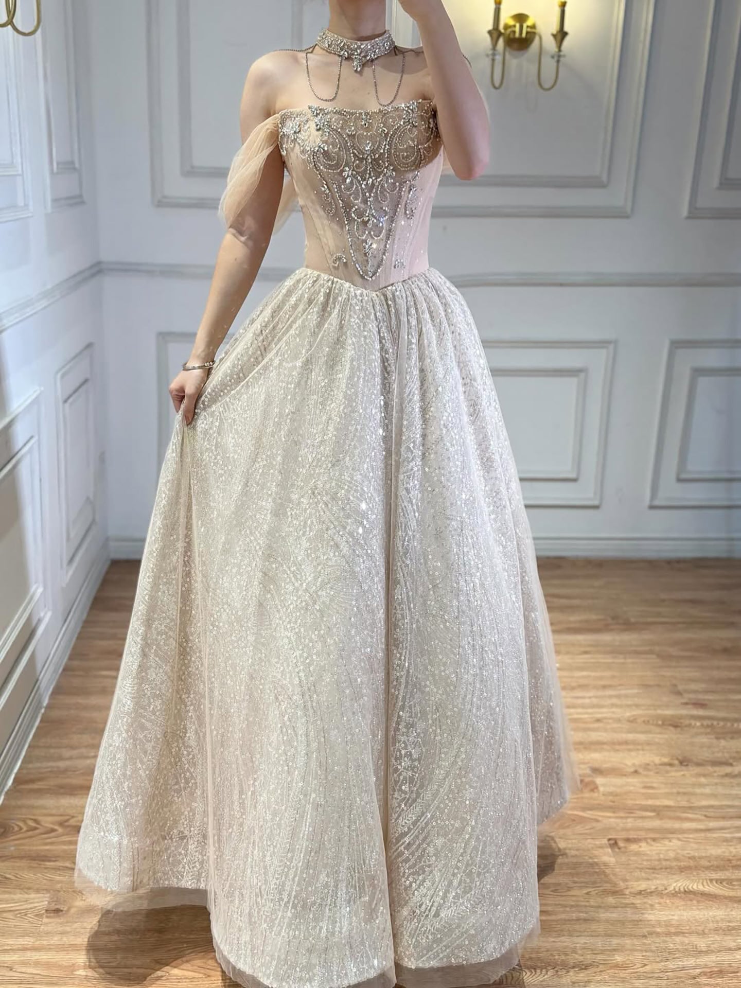 Luxury Beige Crystal Beaded A Line Evening Dress LA73506