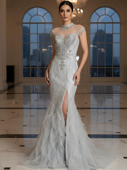 Luxury Gray Crystal Beaded Mermaid Evening Dress With Slit LA73507