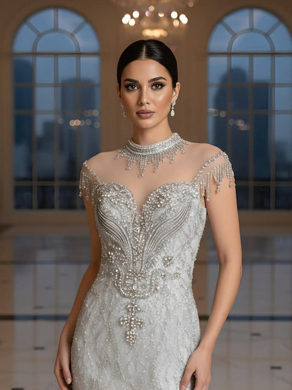 Luxury Gray Crystal Beaded Mermaid Evening Dress With Slit LA73507