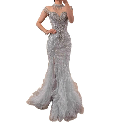 Luxury Gray Crystal Beaded Mermaid Evening Dress With Slit LA73507