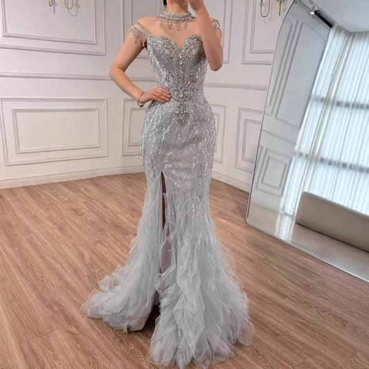 Luxury Gray Crystal Beaded Mermaid Evening Dress With Slit LA73507