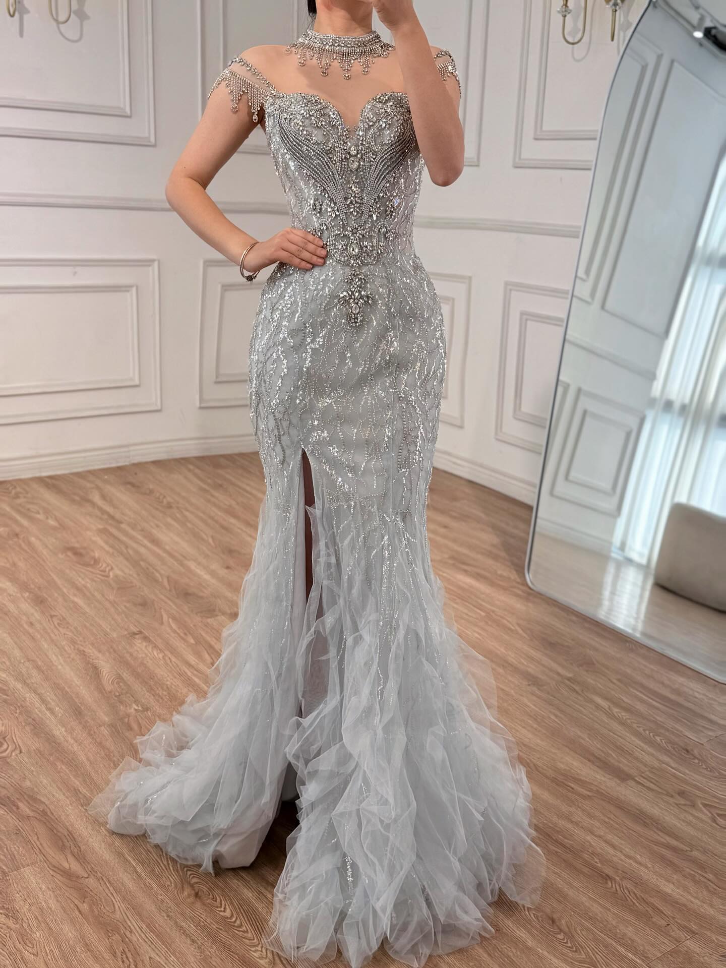 Luxury Gray Crystal Beaded Mermaid Evening Dress With Slit LA73507