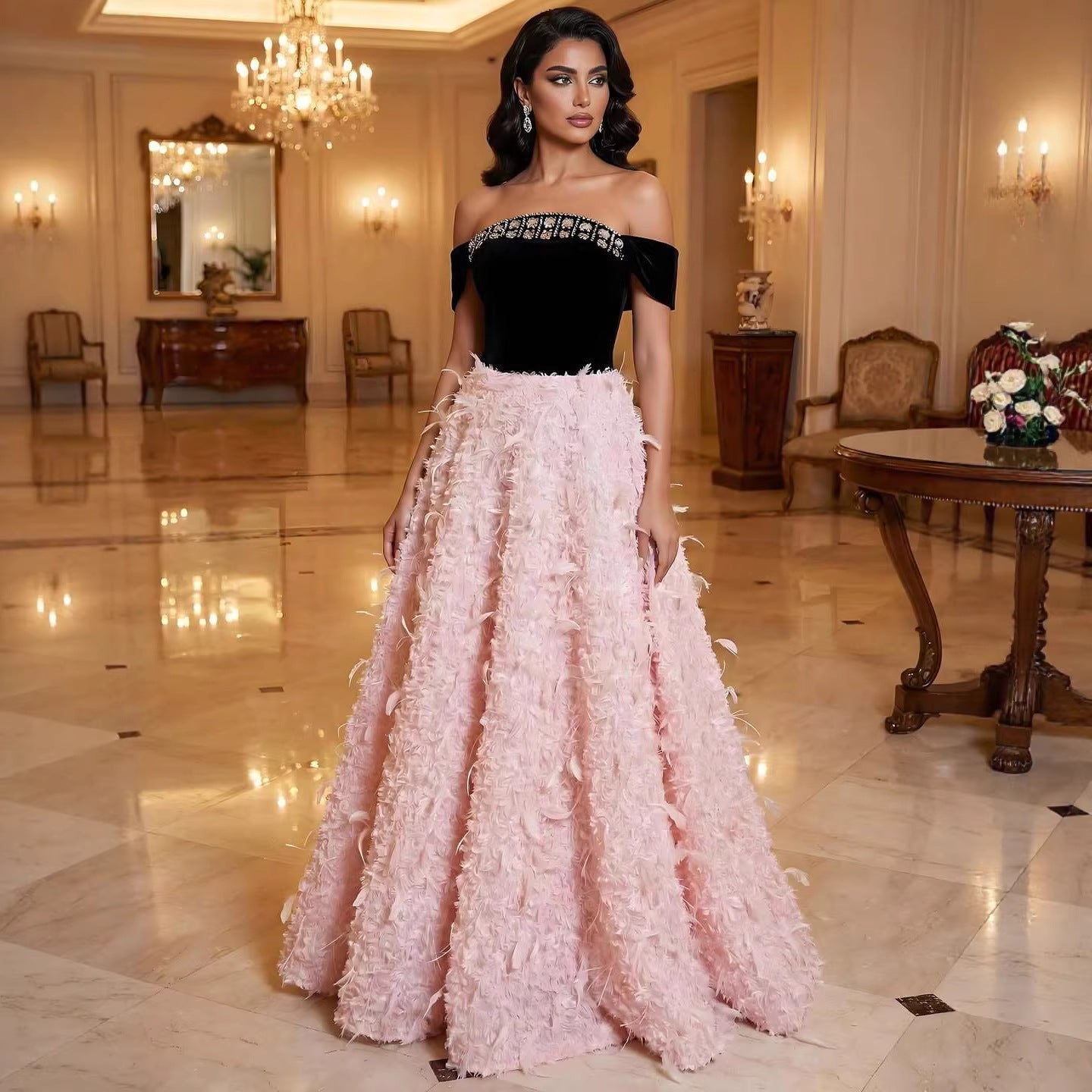 Luxury Pink Beaded Feather A-Line Off-Shoulder Evening Dress LA73510