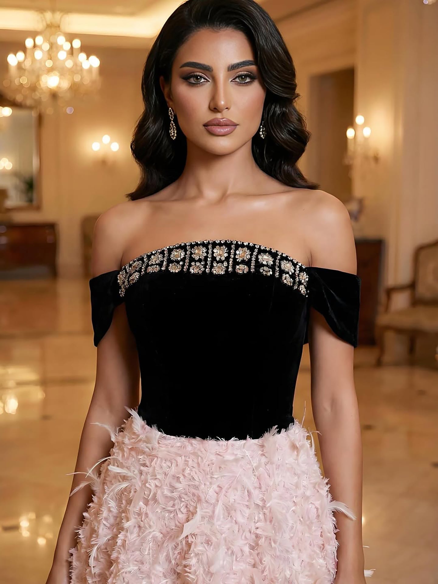 Luxury Pink Beaded Feather A-Line Off-Shoulder Evening Dress LA73510