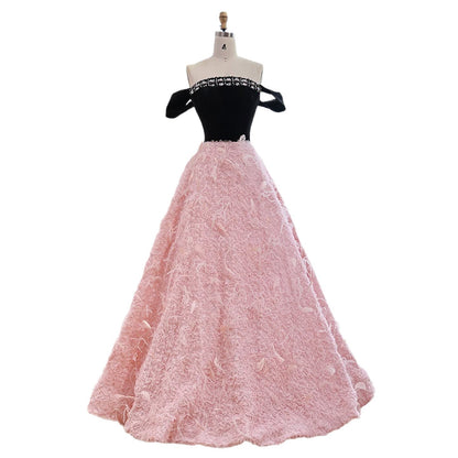 Luxury Pink Beaded Feather A-Line Off-Shoulder Evening Dress LA73510