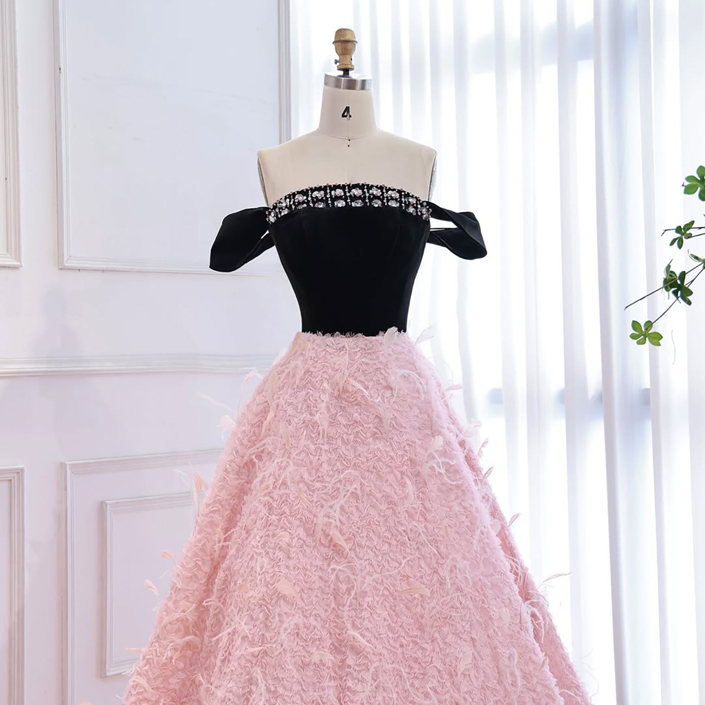 Luxury Pink Beaded Feather A-Line Off-Shoulder Evening Dress LA73510