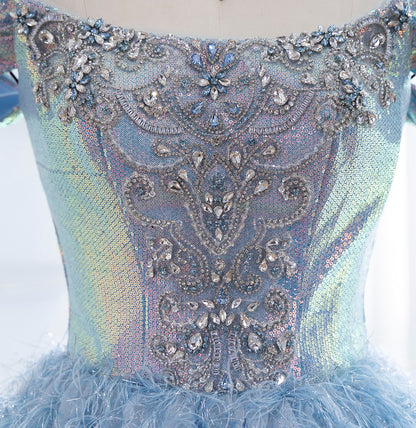 Luxury Blue A Line Feather Ball Gown Beaded Evening Dress LA73511