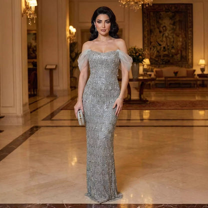 Luxury Gray Tassel Beaded Off‑Shoulder Mermaid Evening Dress LA73512