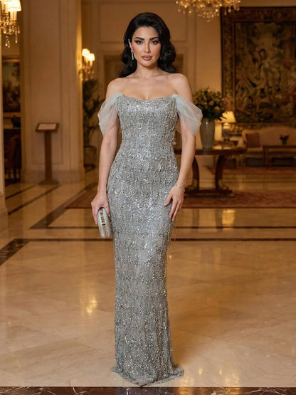 Luxury Gray Tassel Beaded Off‑Shoulder Mermaid Evening Dress LA73512