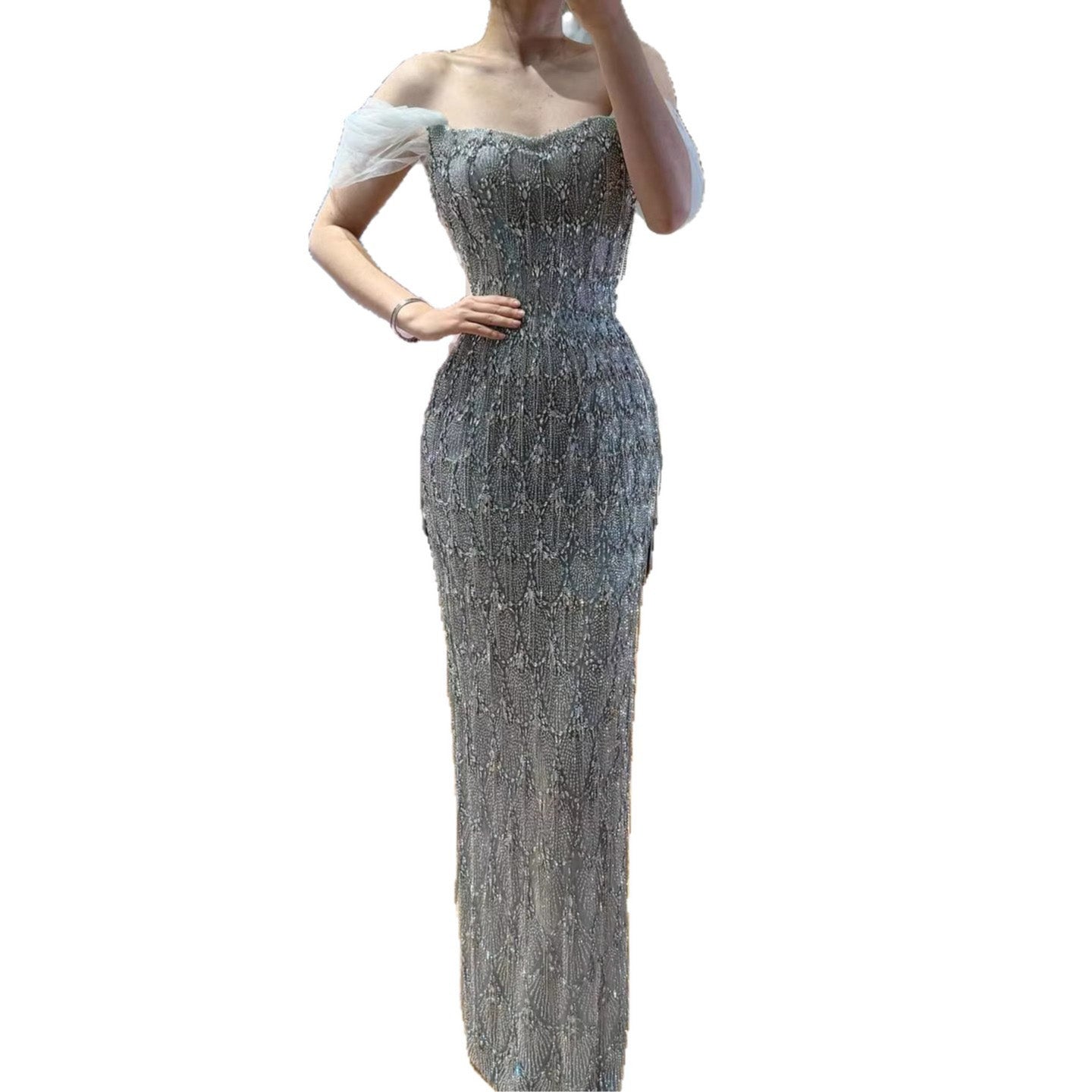 Luxury Gray Tassel Beaded Off‑Shoulder Mermaid Evening Dress LA73512