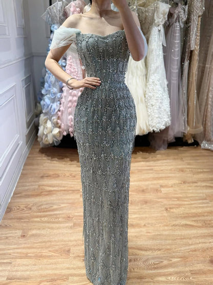 Luxury Gray Tassel Beaded Off‑Shoulder Mermaid Evening Dress LA73512