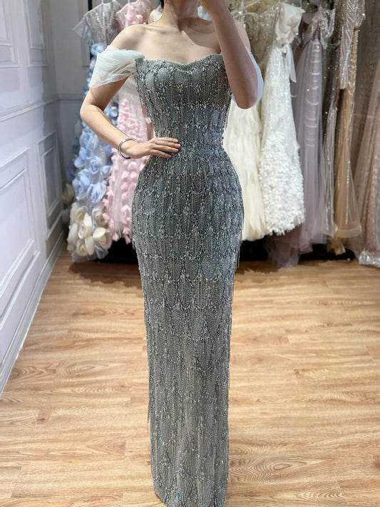 Luxury Gray Tassel Beaded Off‑Shoulder Mermaid Evening Dress LA73512