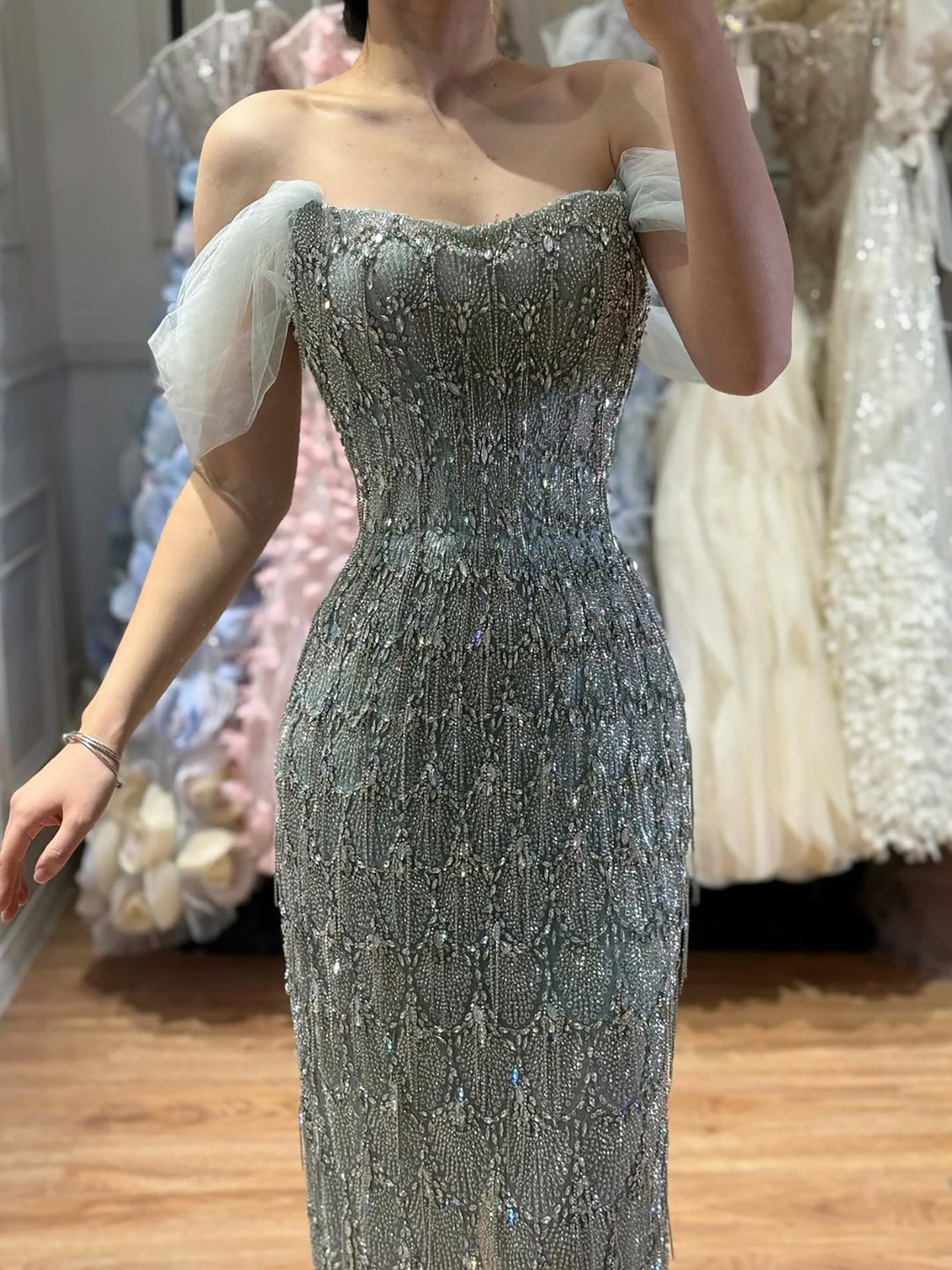 Luxury Gray Tassel Beaded Off‑Shoulder Mermaid Evening Dress LA73512