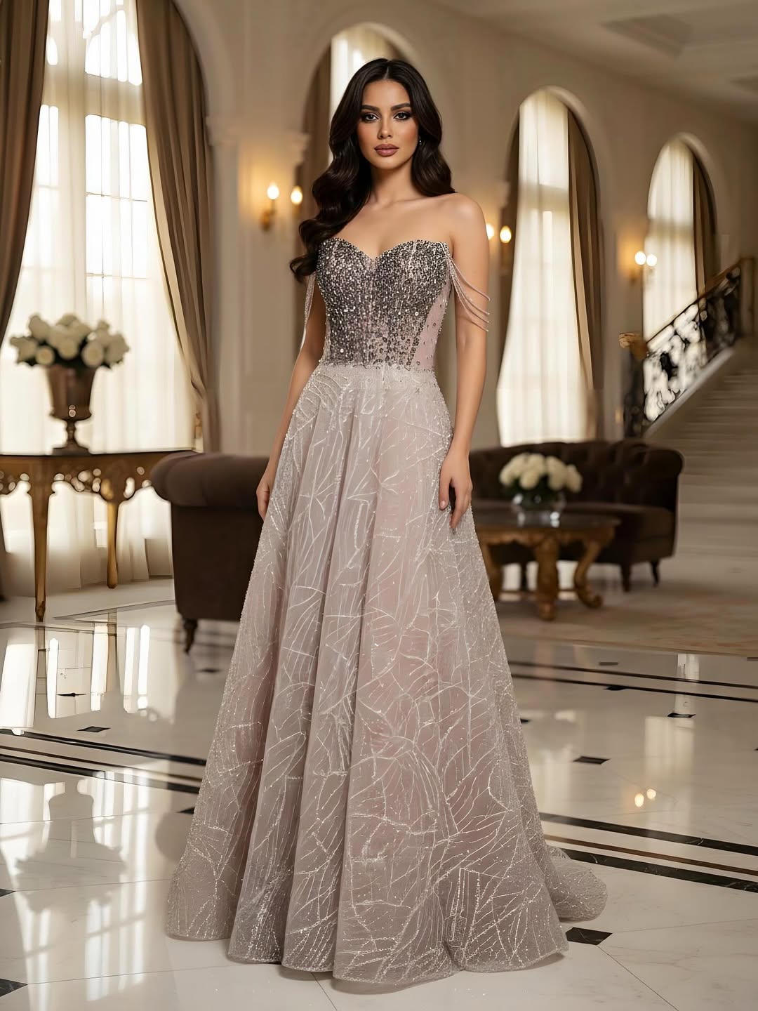 Luxury Pink Off Shoulder Sparkly Beaded Ball Gown Evening Dress LA73513