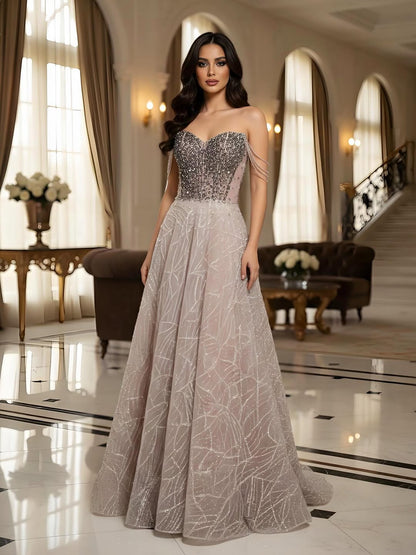 Luxury Pink Off Shoulder Sparkly Beaded Ball Gown Evening Dress LA73513