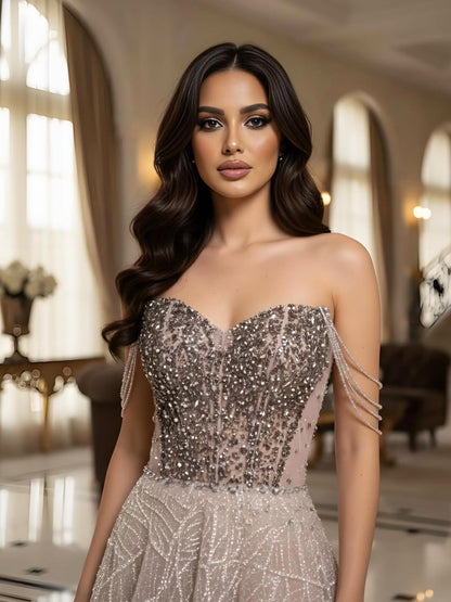 Luxury Pink Off Shoulder Sparkly Beaded Ball Gown Evening Dress LA73513