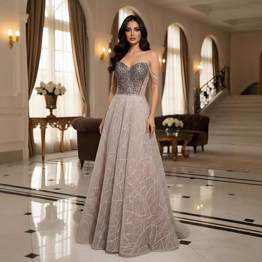 Luxury Pink Off Shoulder Sparkly Beaded Ball Gown Evening Dress LA73513