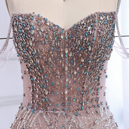 Luxury Pink Off Shoulder Sparkly Beaded Ball Gown Evening Dress LA73513