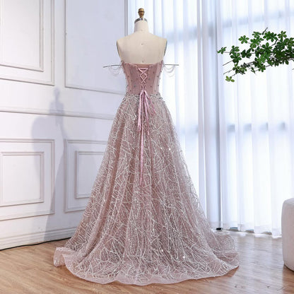 Luxury Pink Off Shoulder Sparkly Beaded Ball Gown Evening Dress LA73513