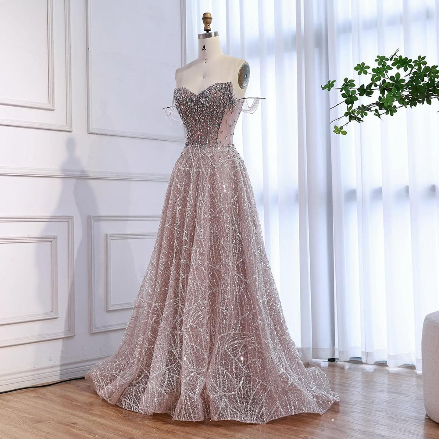 Luxury Pink Off Shoulder Sparkly Beaded Ball Gown Evening Dress LA73513