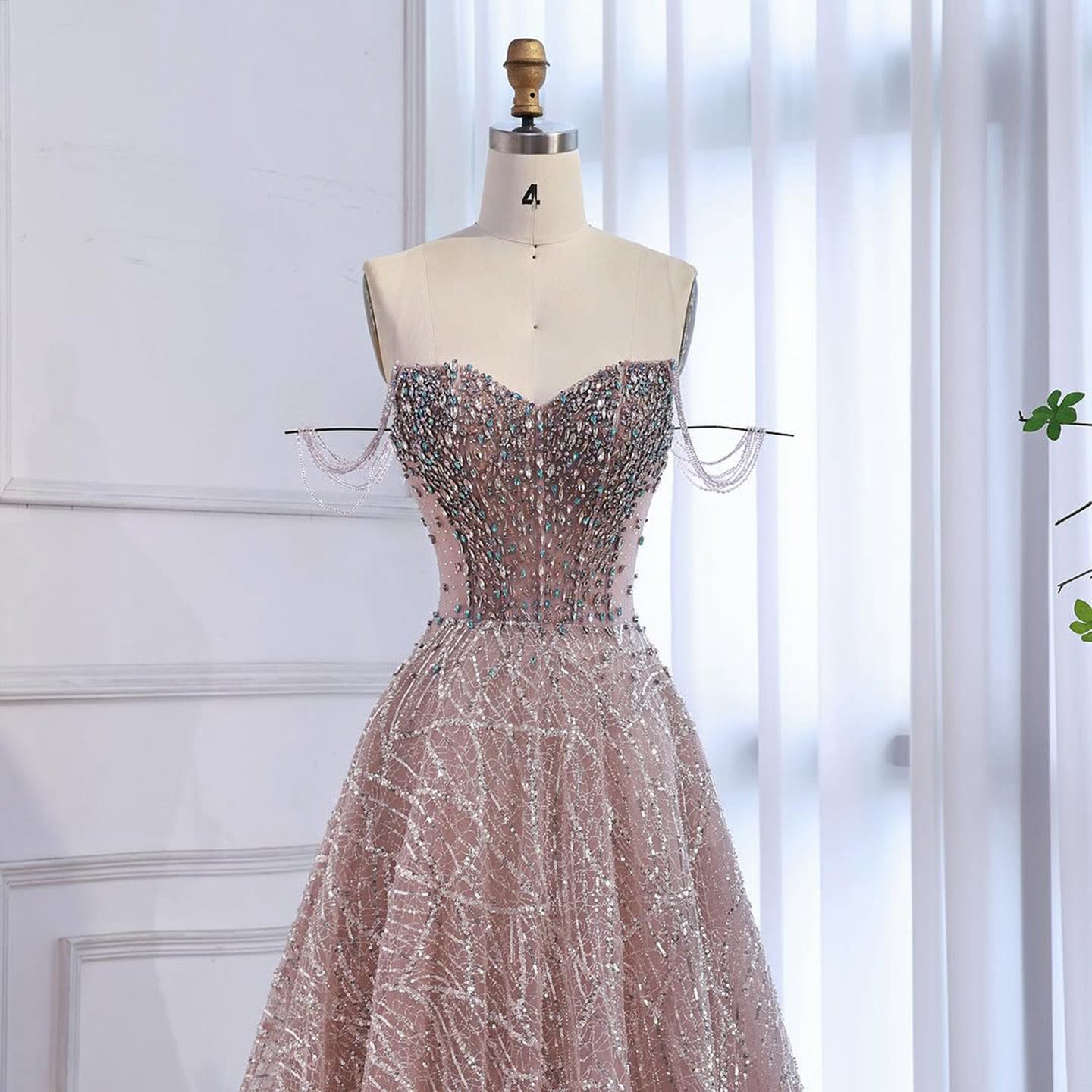 Luxury Pink Off Shoulder Sparkly Beaded Ball Gown Evening Dress LA73513