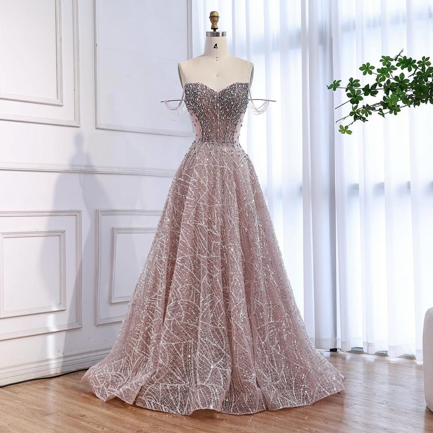 Luxury Pink Off Shoulder Sparkly Beaded Ball Gown Evening Dress LA73513