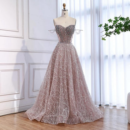 Luxury Pink Off Shoulder Sparkly Beaded Ball Gown Evening Dress LA73513