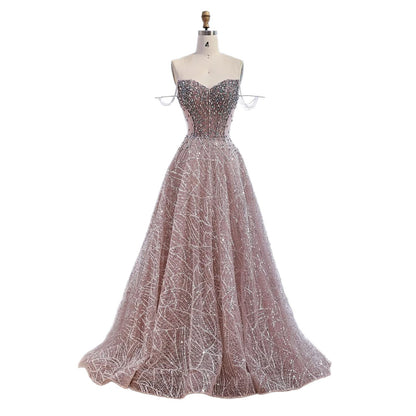 Luxury Pink Off Shoulder Sparkly Beaded Ball Gown Evening Dress LA73513