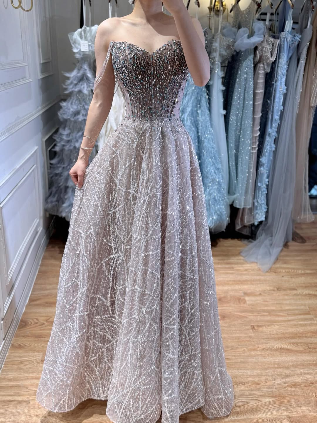 Luxury Pink Off Shoulder Sparkly Beaded Ball Gown Evening Dress LA73513