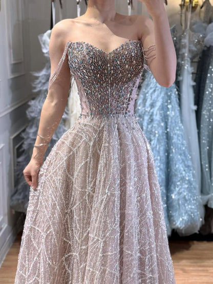 Luxury Pink Off Shoulder Sparkly Beaded Ball Gown Evening Dress LA73513