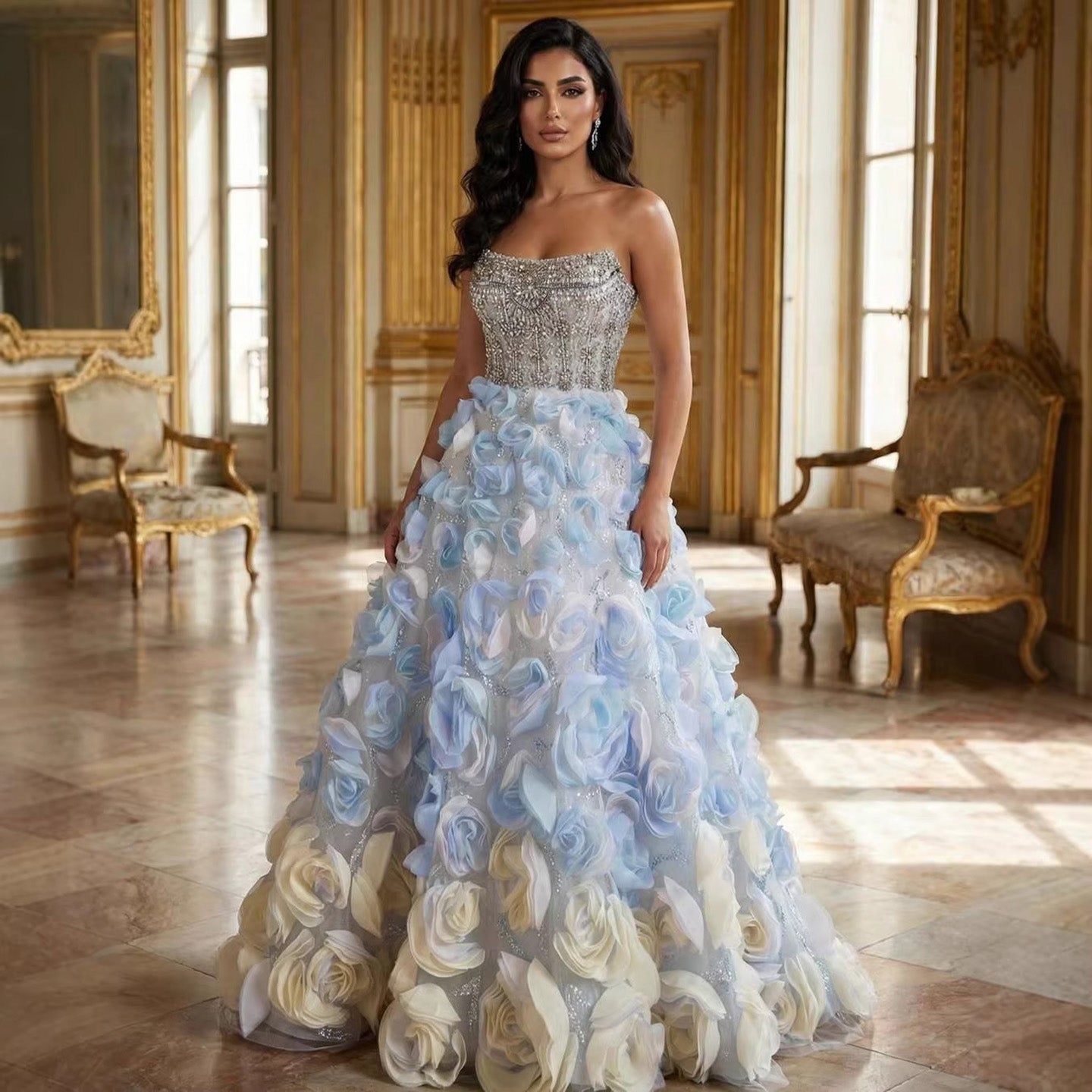 Luxury Blue Crystal Beaded 3D Floral Ball Gown Evening Dress LA73514