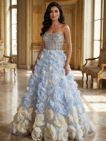 Luxury Blue Crystal Beaded 3D Floral Ball Gown Evening Dress LA73514