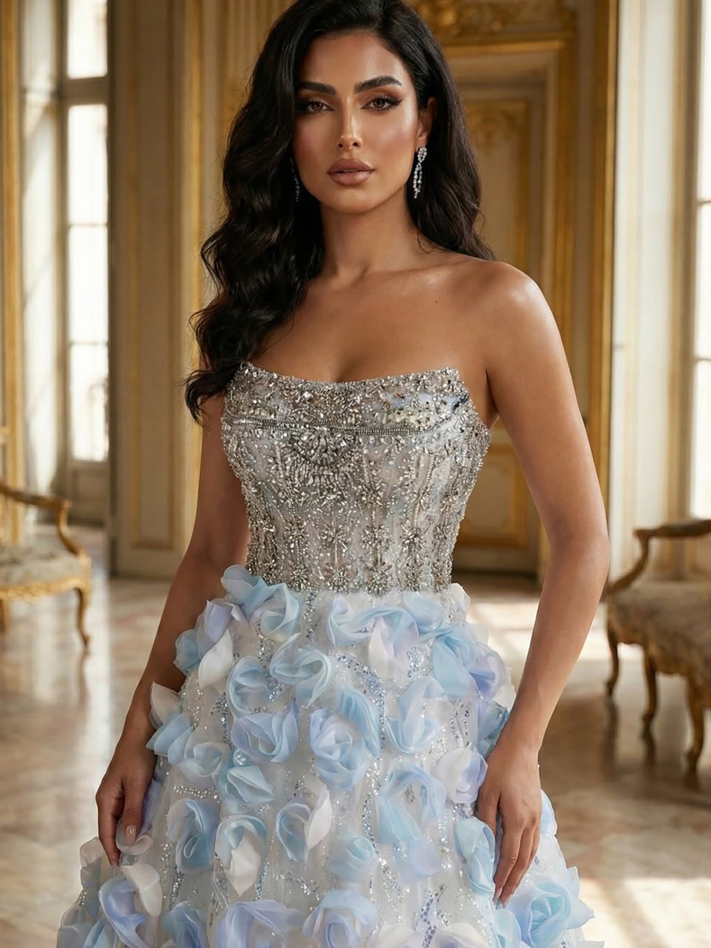 Luxury Blue Crystal Beaded 3D Floral Ball Gown Evening Dress LA73514