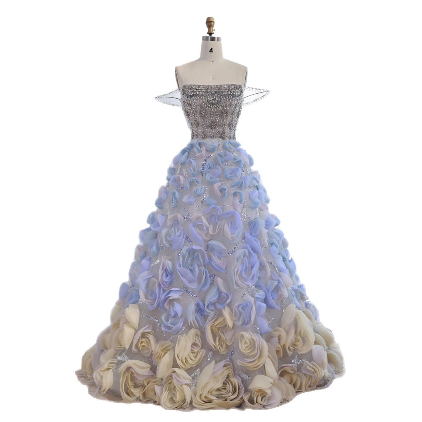 Luxury Blue Crystal Beaded 3D Floral Ball Gown Evening Dress LA73514