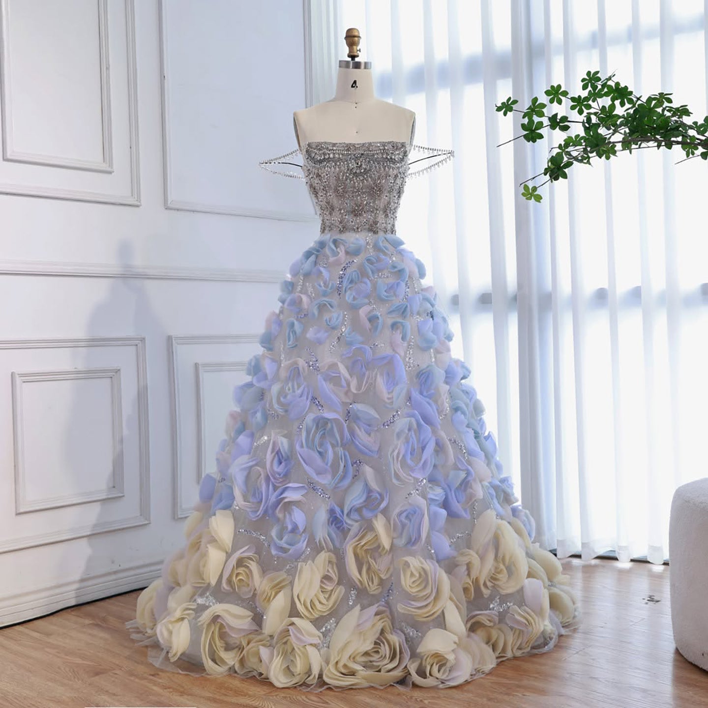 Luxury Blue Crystal Beaded 3D Floral Ball Gown Evening Dress LA73514