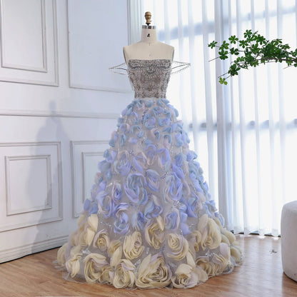 Luxury Blue Crystal Beaded 3D Floral Ball Gown Evening Dress LA73514
