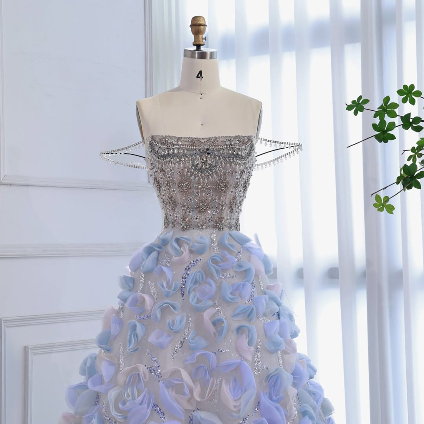 Luxury Blue Crystal Beaded 3D Floral Ball Gown Evening Dress LA73514
