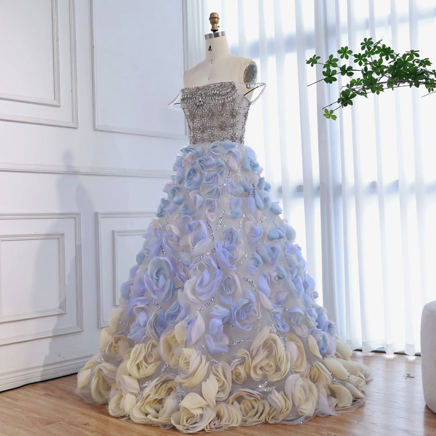 Luxury Blue Crystal Beaded 3D Floral Ball Gown Evening Dress LA73514