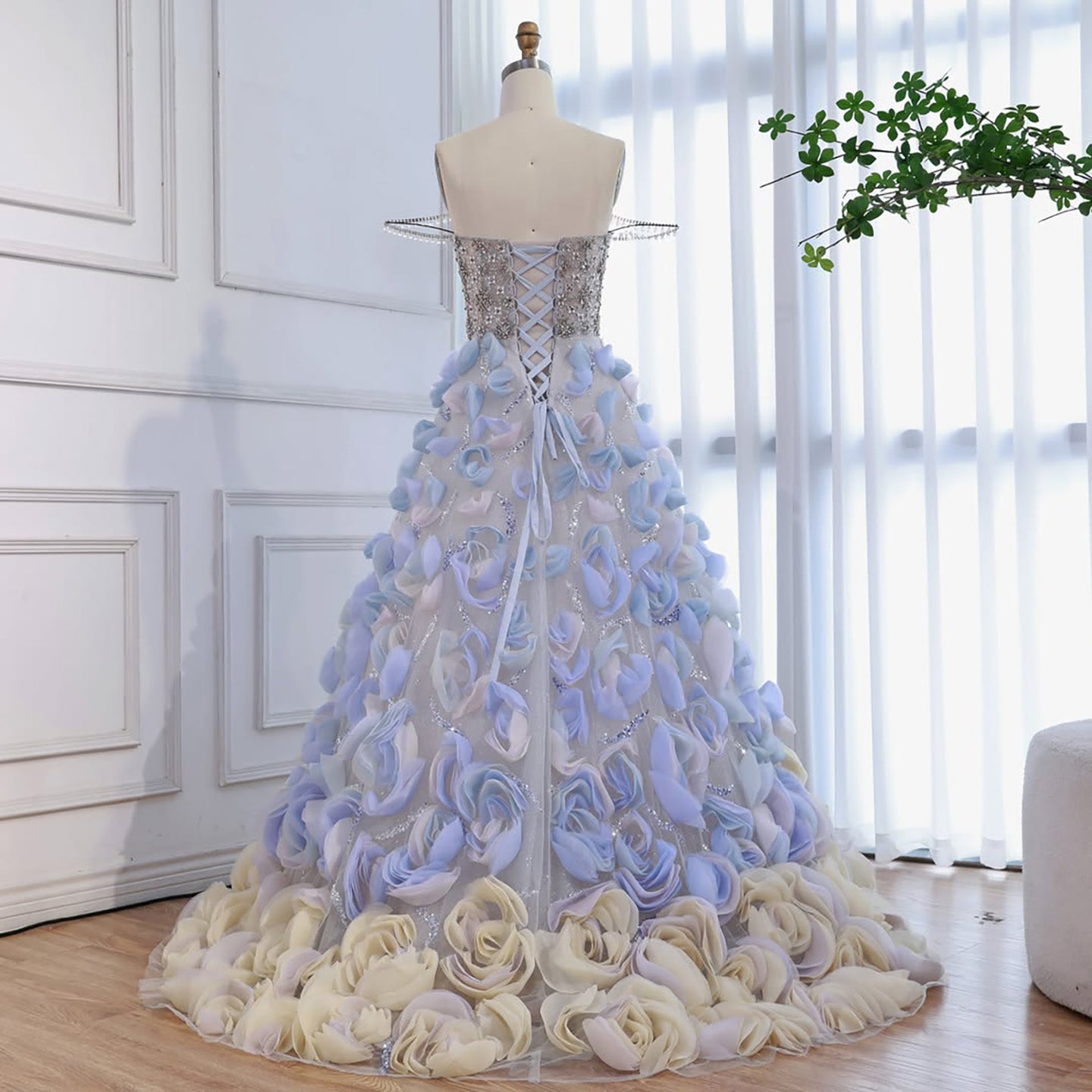 Luxury Blue Crystal Beaded 3D Floral Ball Gown Evening Dress LA73514