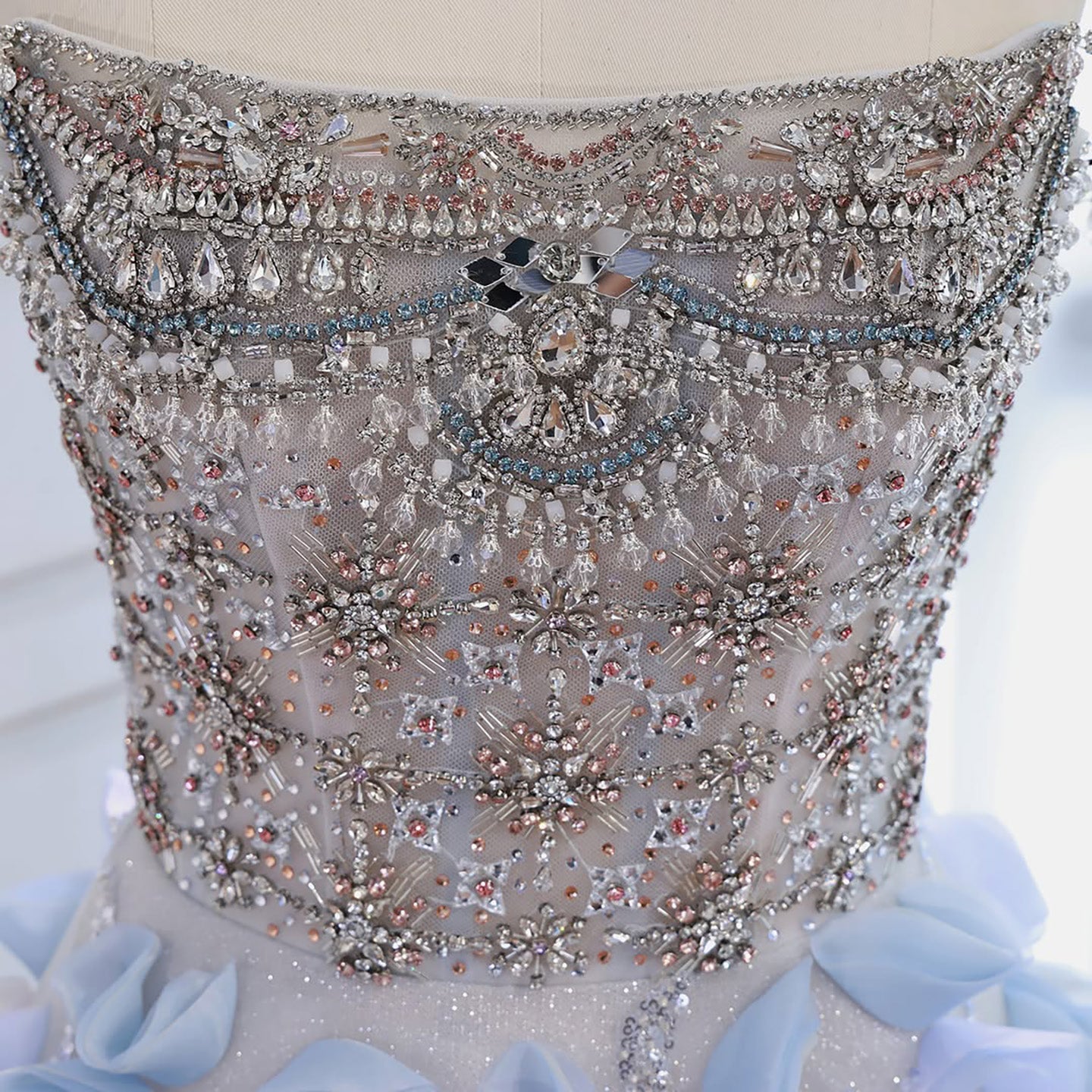 Luxury Blue Crystal Beaded 3D Floral Ball Gown Evening Dress LA73514