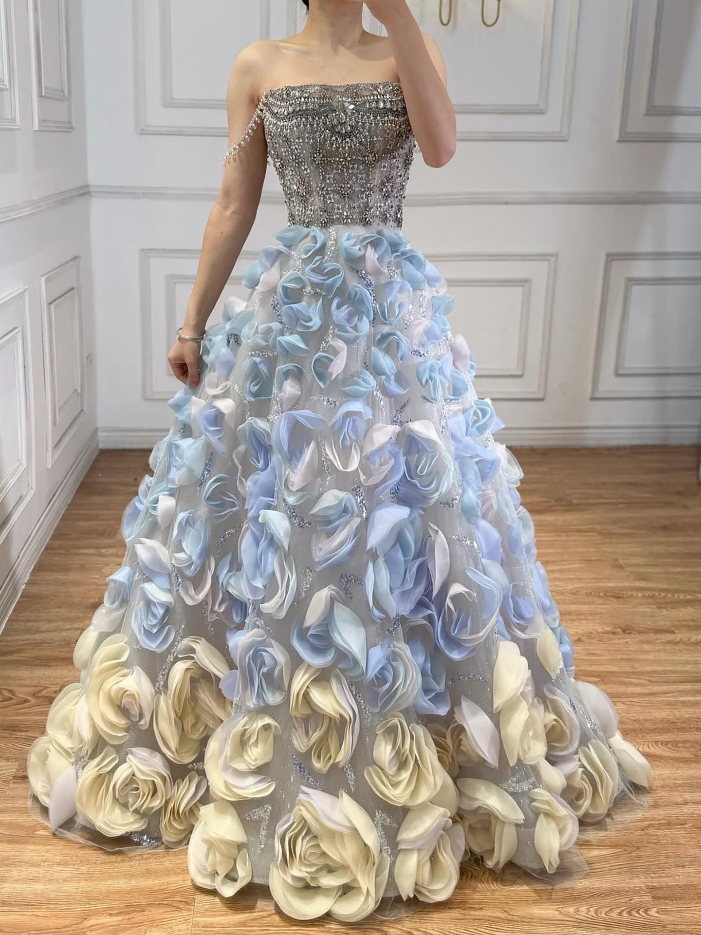 Luxury Blue Crystal Beaded 3D Floral Ball Gown Evening Dress LA73514