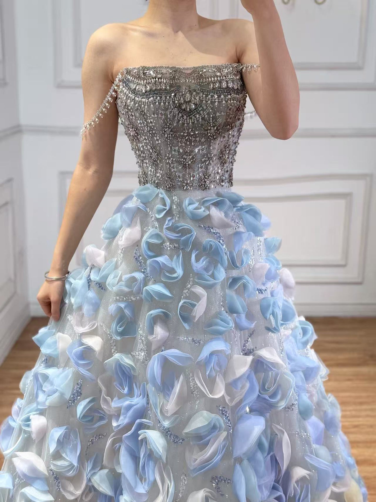 Luxury Blue Crystal Beaded 3D Floral Ball Gown Evening Dress LA73514