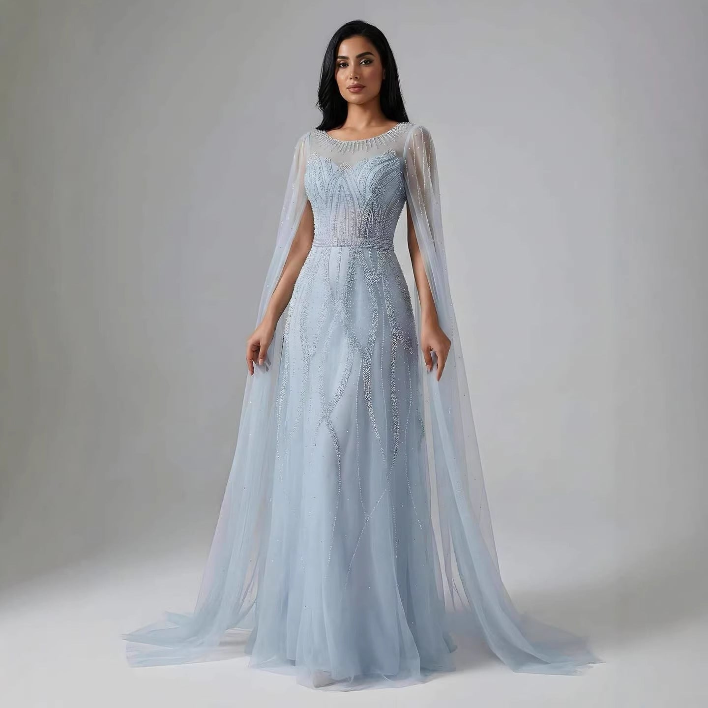 Luxury Black A-Line Beaded Arabic Evening Dress with Cape Sleeves LA73517