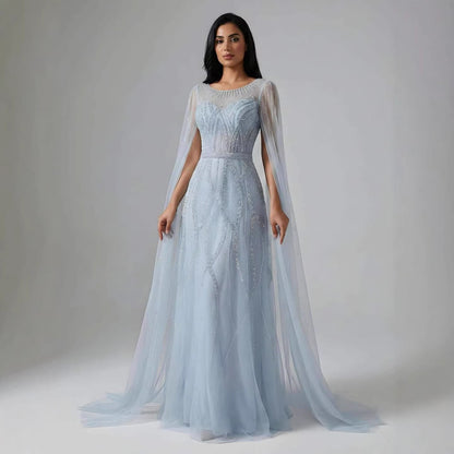 Luxury Black A-Line Beaded Arabic Evening Dress with Cape Sleeves LA73517