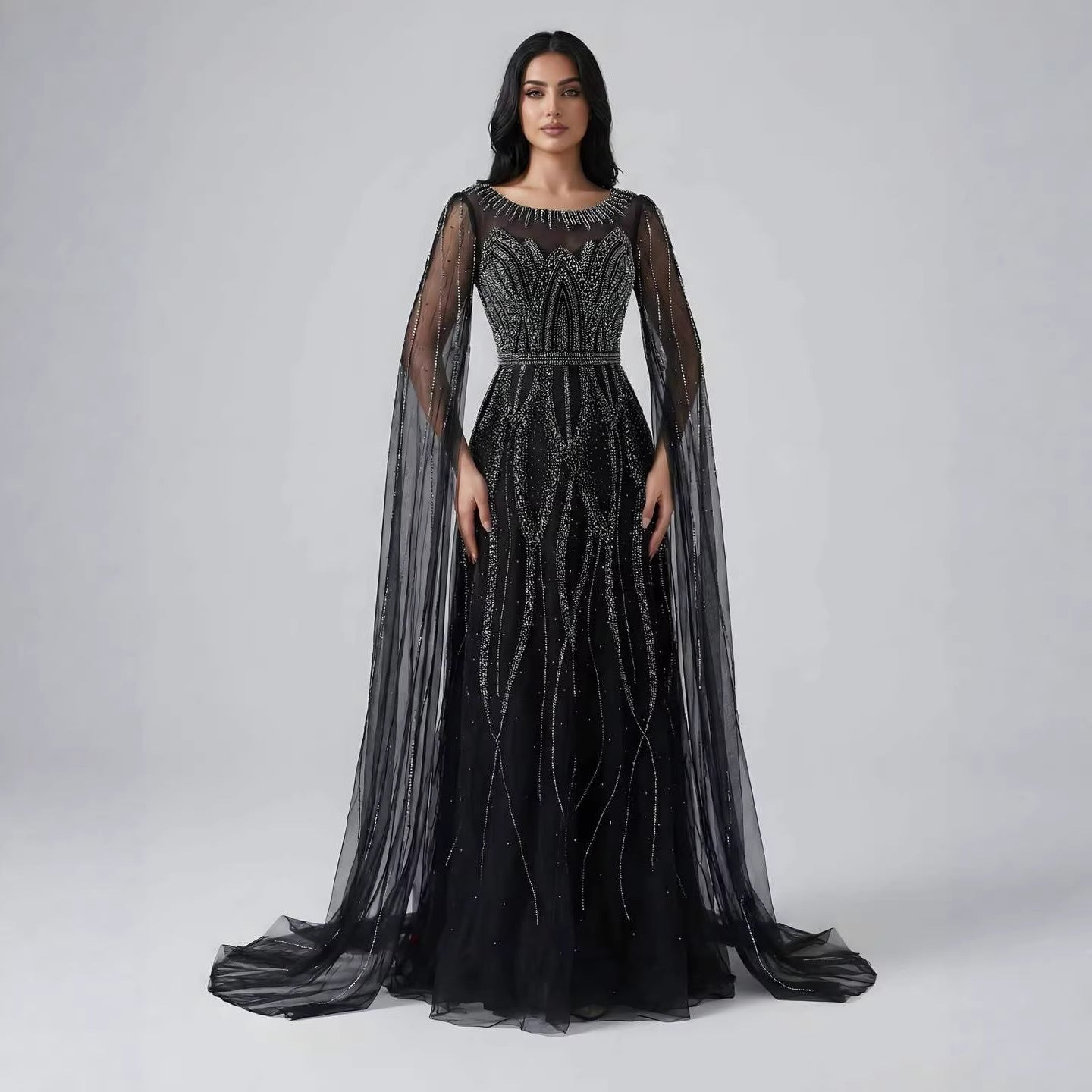 Luxury Black A-Line Beaded Arabic Evening Dress with Cape Sleeves LA73517