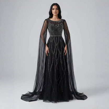 Luxury Black A-Line Beaded Arabic Evening Dress with Cape Sleeves LA73517
