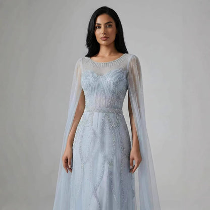 Luxury Black A-Line Beaded Arabic Evening Dress with Cape Sleeves LA73517