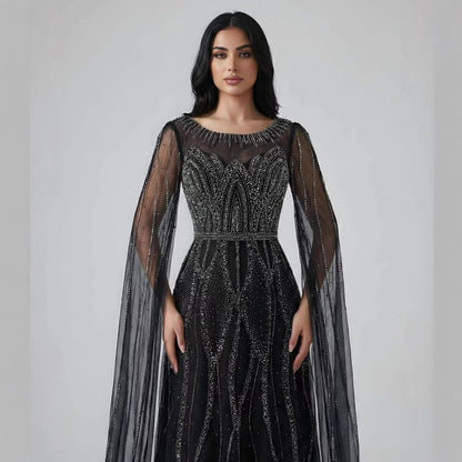 Luxury Black A-Line Beaded Arabic Evening Dress with Cape Sleeves LA73517