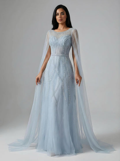 Luxury Black A-Line Beaded Arabic Evening Dress with Cape Sleeves LA73517